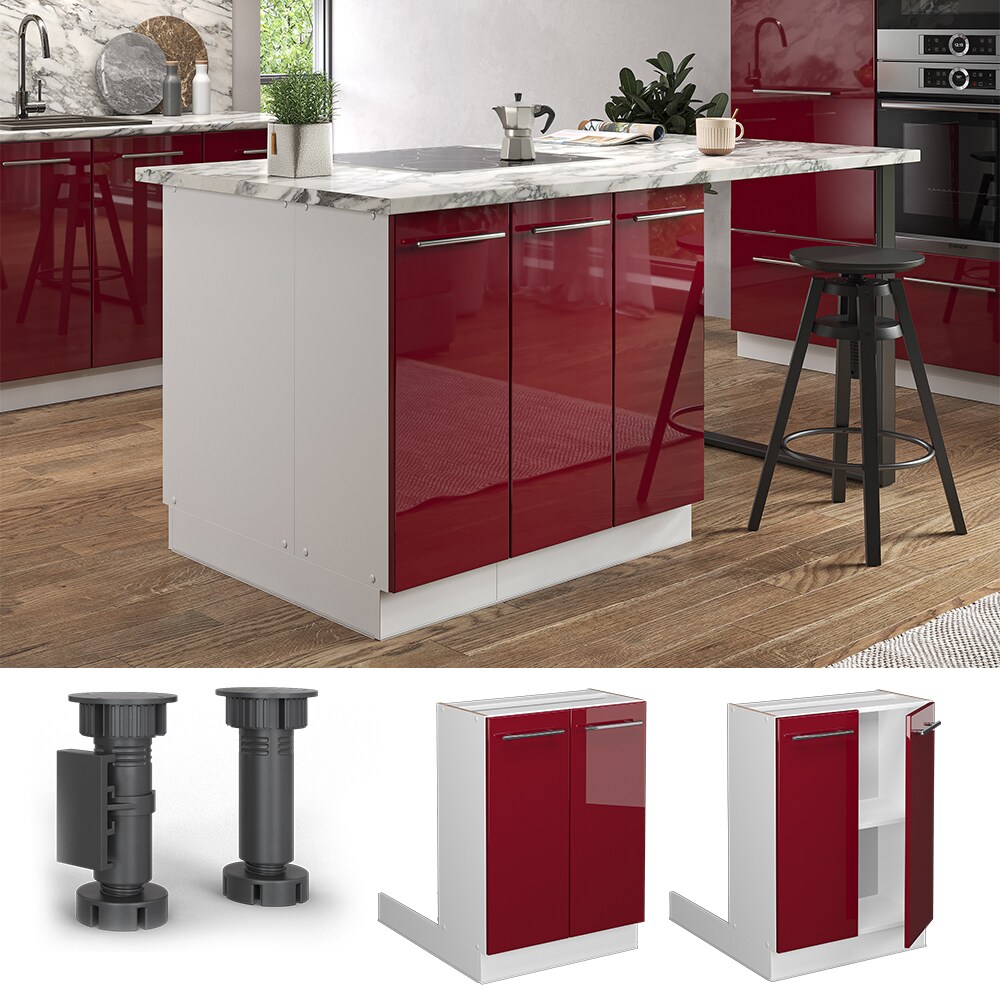 Vicco Regalinselunterschrank Küchenschrank Küchenmöbel Fame-Line Weiß Bordeaux Rot 60 cm modern Hochglanz Küche Einbauküche Kücheninsel Drehtür Einlegeboden Blende Küchenunterschrank Küchenzeile