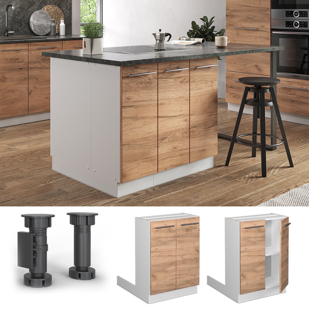 Vicco Regalinselunterschrank Küchenschrank Küchenmöbel Fame-Line Weiß Eiche Goldkraft 60 cm modern Küche Einbauküche Kücheninsel Drehtür Einlegeboden Blende Küchenunterschrank Küchenzeile