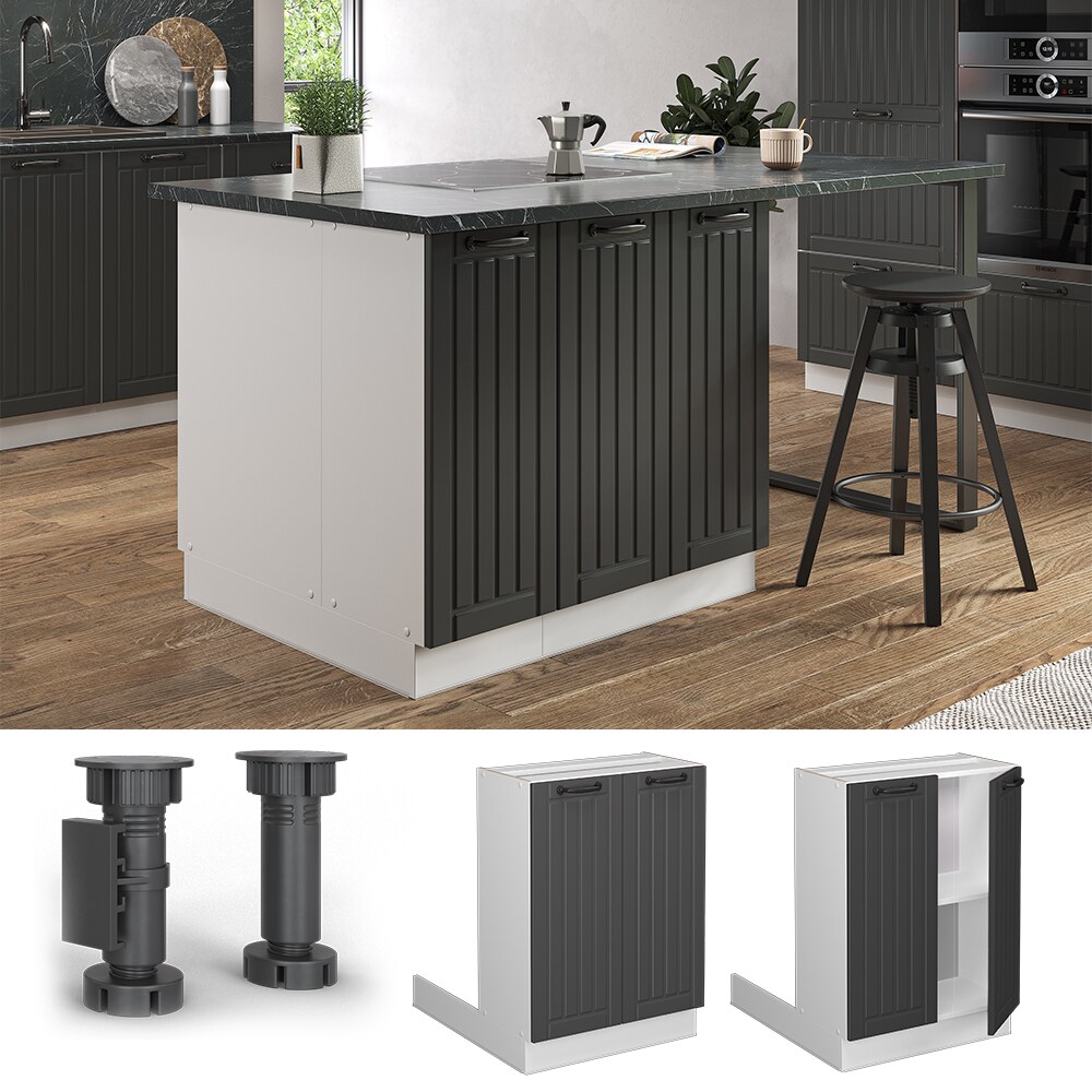 Vicco Regalinselunterschrank Küchenschrank Küchenmöbel Fame-Line Landhaus Weiß Dunkelgrau 60 cm Küche Einbauküche Kücheninsel Drehtür Einlegeboden Blende Küchenunterschrank Küchenzeile