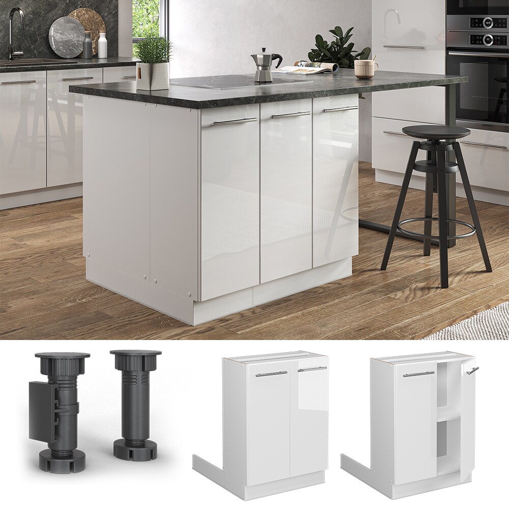 Vicco Regalinselunterschrank Küchenschrank Küchenmöbel Fame-Line Weiß 60 cm modern Hochglanz Küche Einbauküche Kücheninsel Drehtür Einlegeboden Blende Küchenunterschrank Küchenzeile