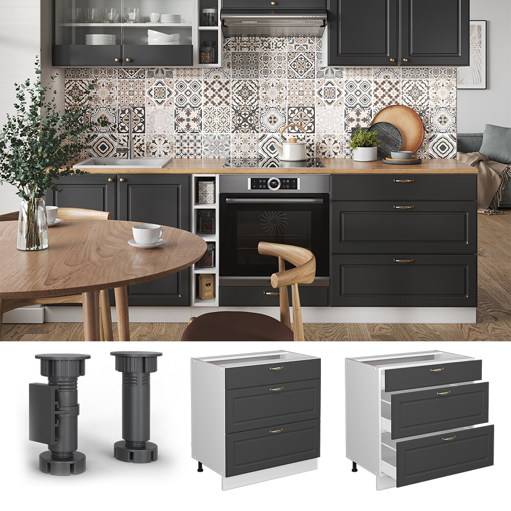Vicco Schubladenunterschrank Küchenschrank Küchenmöbel Fame-Line Landhaus Weiß Anthrazit 80 cm Gold Küche Einbauküche Drehtür Blende Schublade Küchenunterschrank Küchenzeile