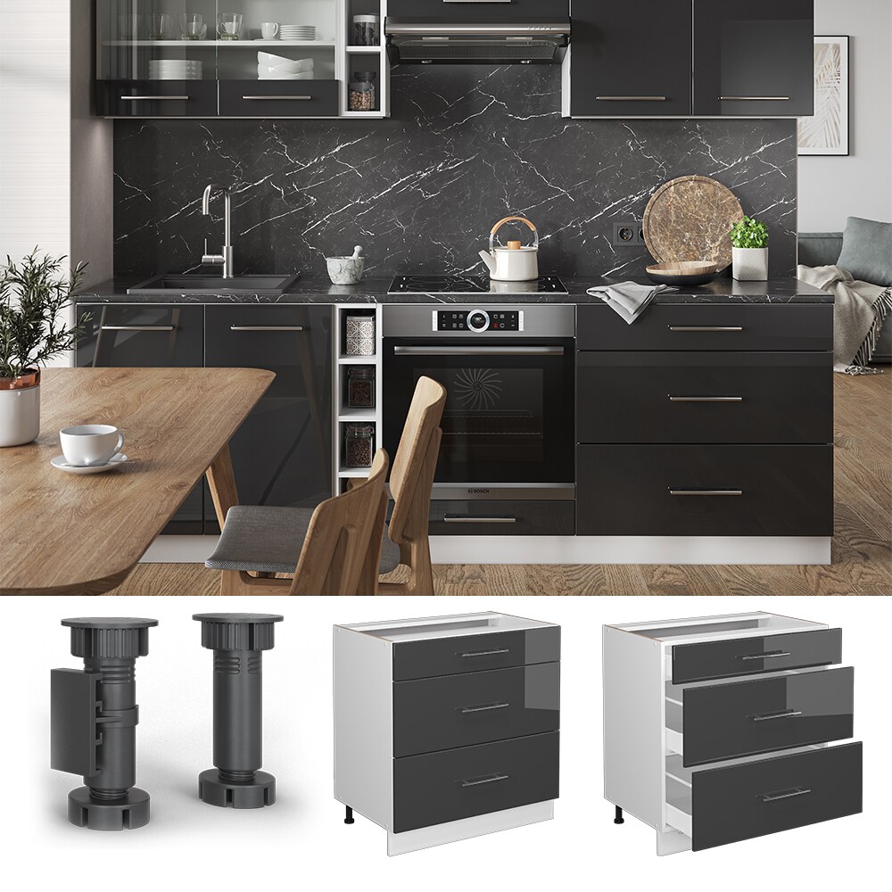 Vicco Schubladenunterschrank Küchenschrank Küchenmöbel Fame-Line Weiß Anthrazit 80 cm modern Hochglanz Küche Einbauküche Drehtür Blende Schublade Küchenunterschrank Küchenzeile