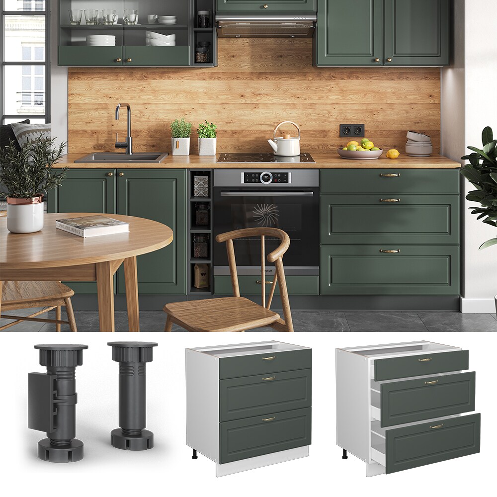 Vicco Schubladenunterschrank Küchenschrank Küchenmöbel Fame-Line Landhaus Weiß Grün 80 cm Gold Küche Einbauküche Drehtür Blende Schublade Küchenunterschrank Küchenzeile