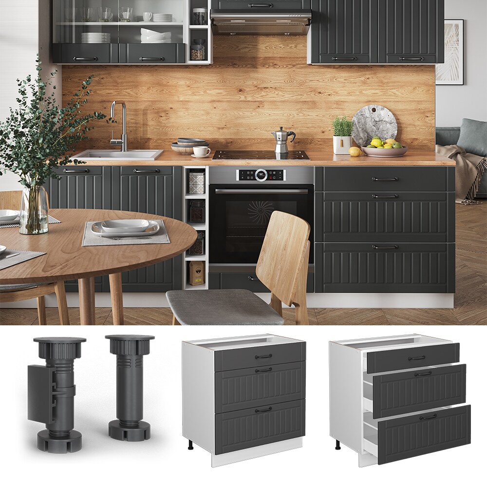 Vicco Schubladenunterschrank Küchenschrank Küchenmöbel Fame-Line Landhaus Weiß Dunkelgrau 80 cm Küche Einbauküche Drehtür Blende Schublade Küchenunterschrank Küchenzeile