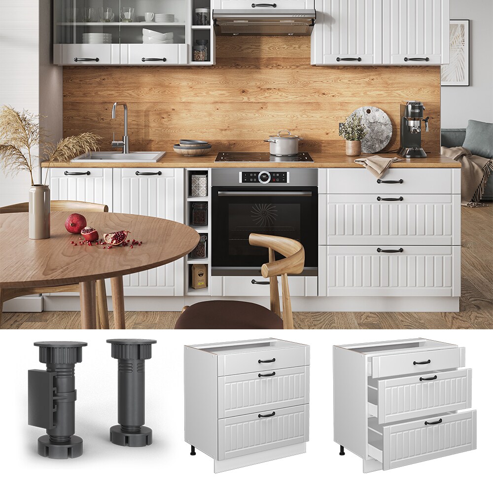 Vicco Schubladenunterschrank Küchenschrank Küchenmöbel Fame-Line Landhaus Weiß 80 cm Küche Einbauküche Drehtür Blende Schublade Küchenunterschrank Küchenzeile