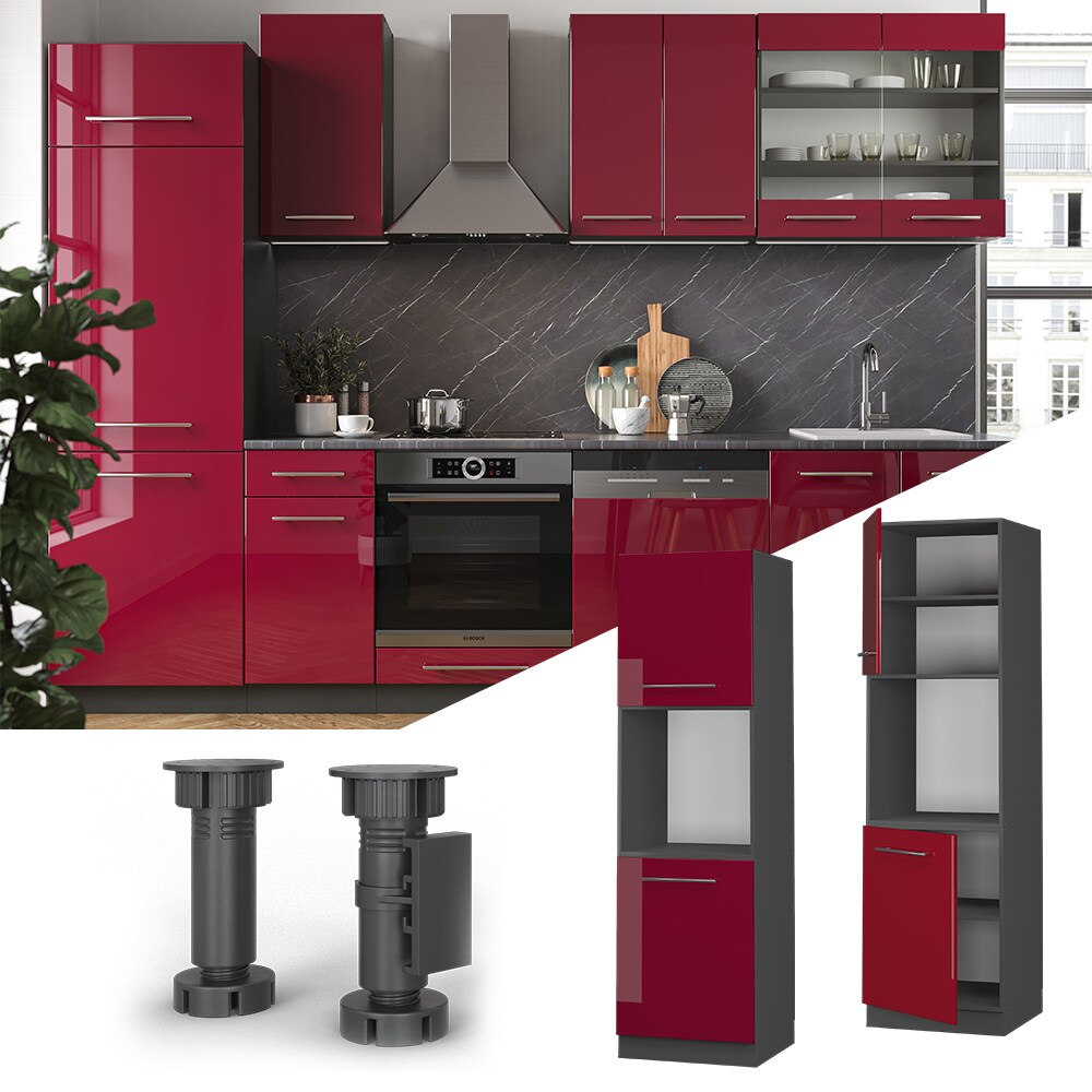 Vicco Herdumbauschrank Küchenschrank Küchenmöbel Fame-Line Anthrazit Bordeaux Rot 60 cm modern Hochglanz Küche Einbauküche Blende Herdschrank Hochschrank Küchenzeile Drehtür Einlegeboden