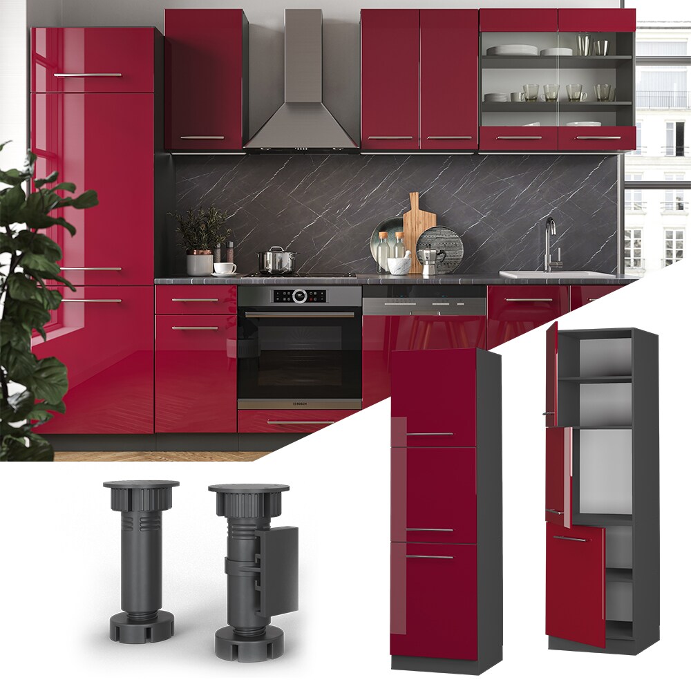 Vicco Herdumbauschrank Küchenschrank Küchenmöbel Fame-Line Anthrazit Bordeaux Rot 60 cm modern Hochglanz Küche Einbauküche Blende Herdschrank Hochschrank Küchenzeile Drehtür Einlegeboden