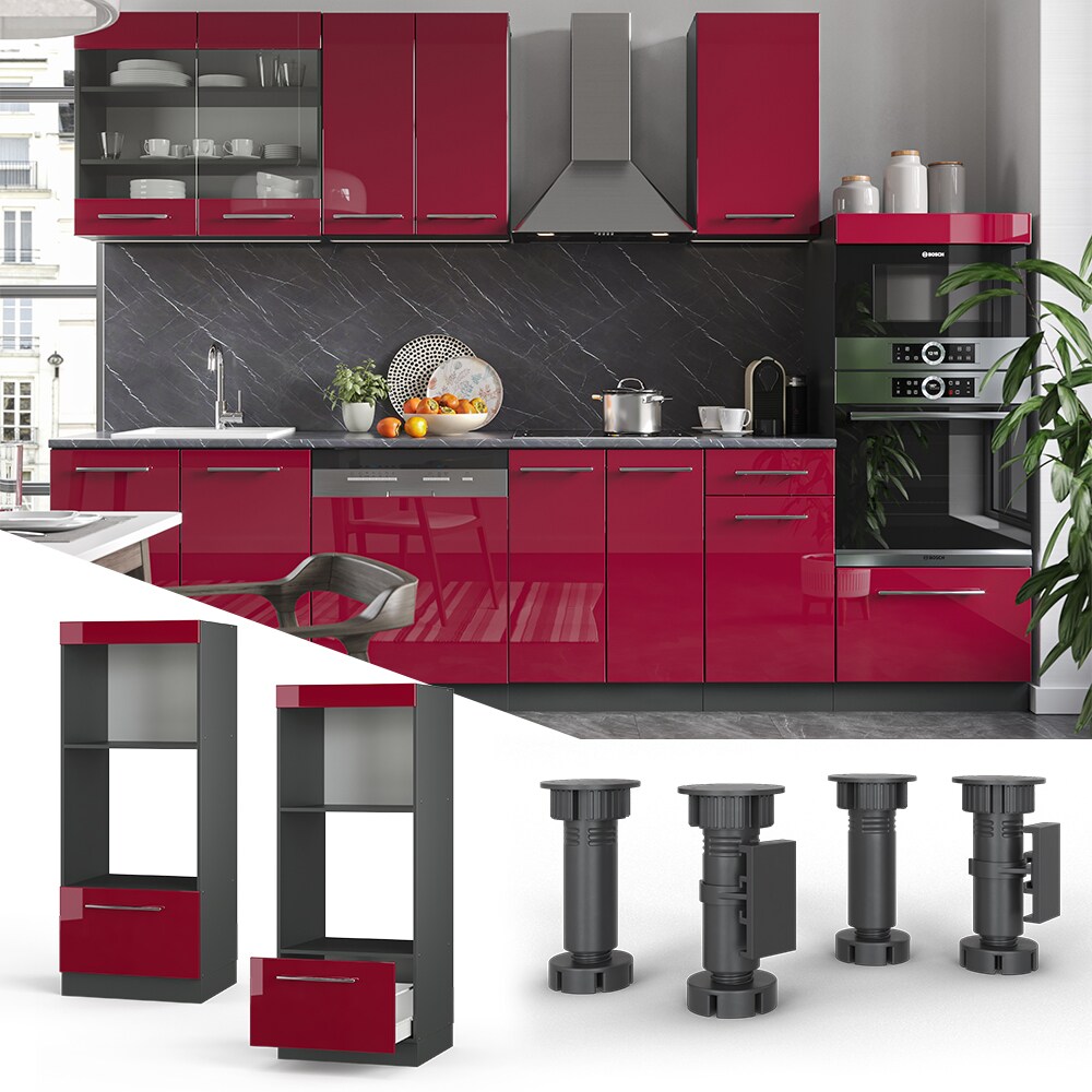 Vicco Mikrowellenumbauschrank K&uuml;chenschrank K&uuml;chenm&ouml;bel Fame-Line Anthrazit Bordeaux Rot 60 cm modern Hochglanz K&uuml;che Einbauk&uuml;che Blende Hochschrank Schublade Mikrowelle Backofen K&uuml;chenzeile - Bild 1