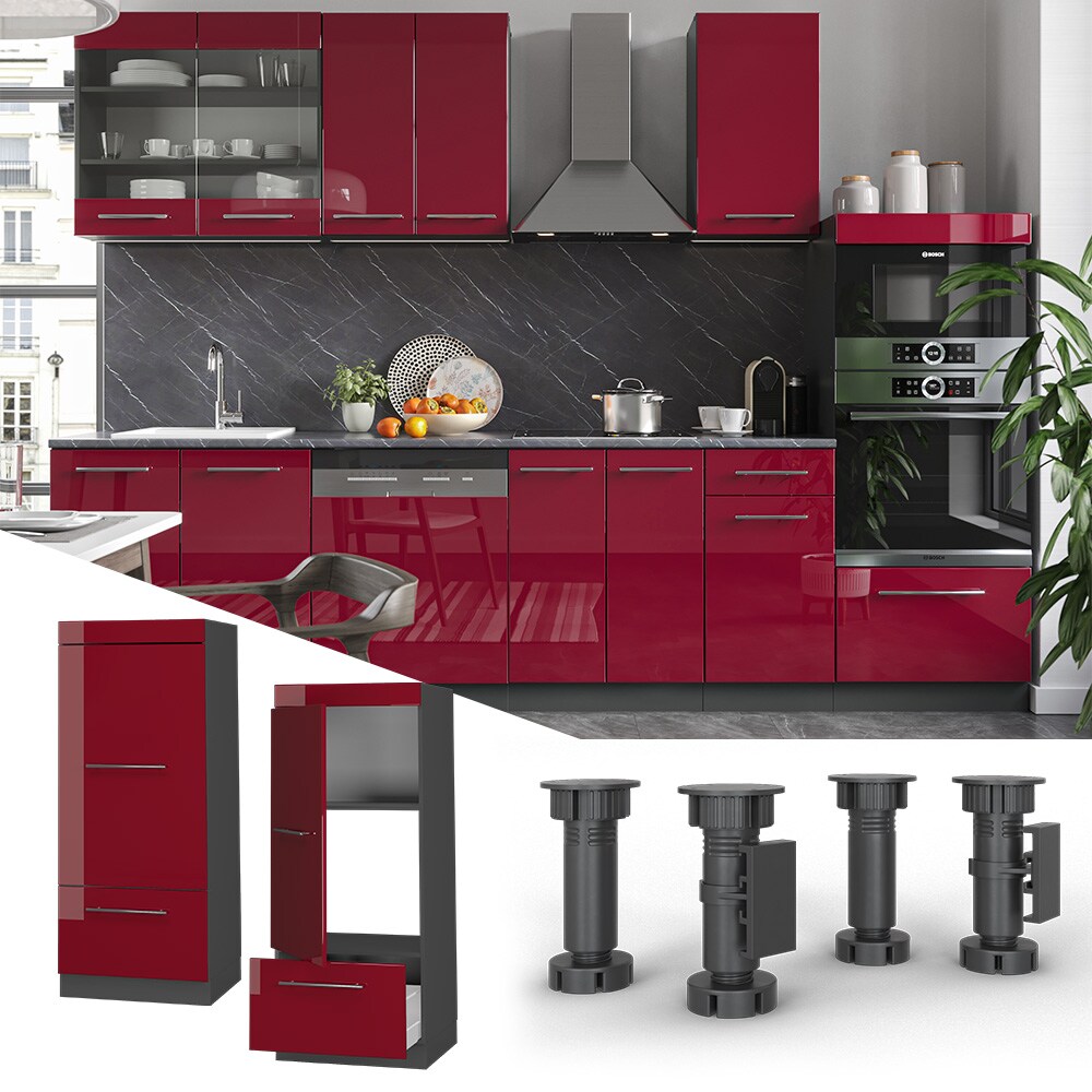 Vicco Mikrowellenumbauschrank Küchenschrank Küchenmöbel Fame-Line Anthrazit Bordeaux Rot 60 cm modern Hochglanz Küche Einbauküche Blende Hochschrank Schublade Mikrowelle Backofen Küchenzeile