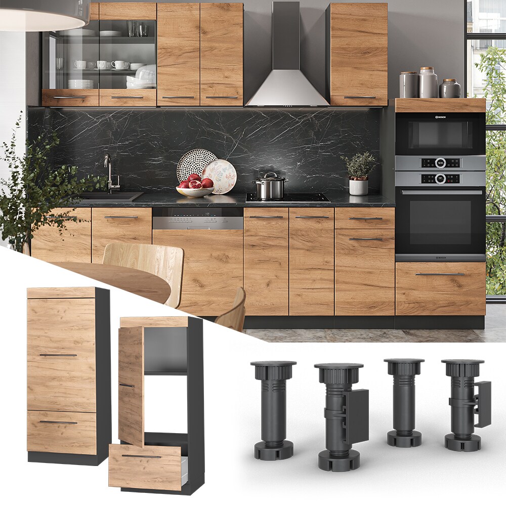 Vicco Mikrowellenumbauschrank Küchenschrank Küchenmöbel Fame-Line Anthrazit Eiche Goldkraft 60 cm modern Küche Einbauküche Blende Hochschrank Schublade Mikrowelle Backofen Küchenzeile