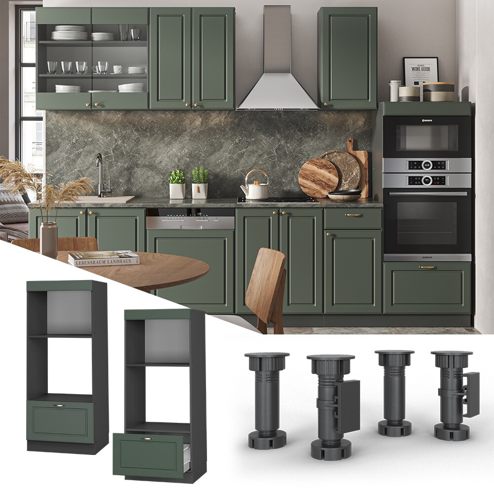 Vicco Mikrowellenumbauschrank Küchenschrank Küchenmöbel Fame-Line Landhaus Anthrazit Grün 60 cm Gold Küche Einbauküche Blende Hochschrank Schublade Mikrowelle Backofen Küchenzeile