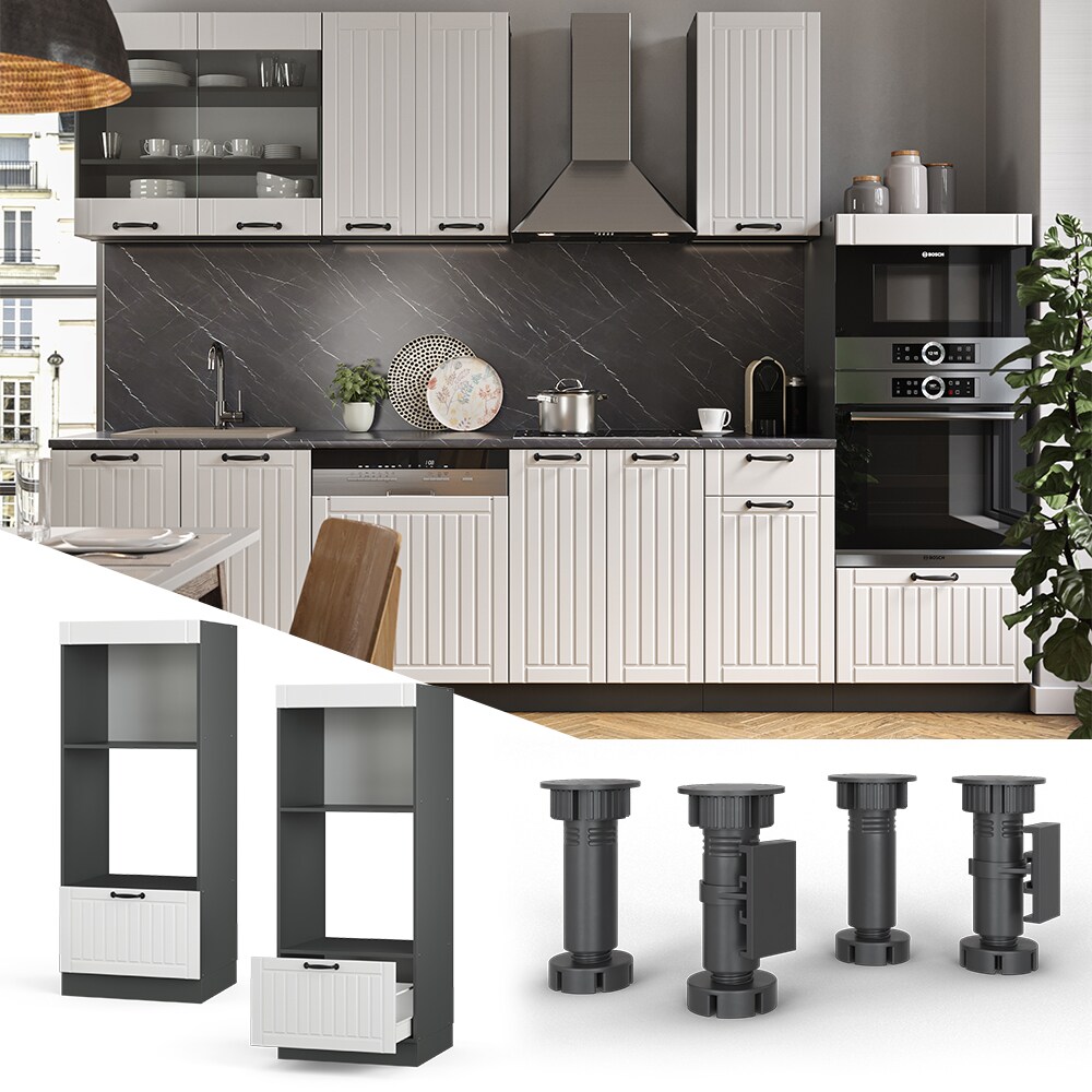 Vicco Mikrowellenumbauschrank Küchenschrank Küchenmöbel Fame-Line Landhaus Anthrazit Weiß 60 cm Küche Einbauküche Blende Hochschrank Schublade Mikrowelle Backofen Küchenzeile
