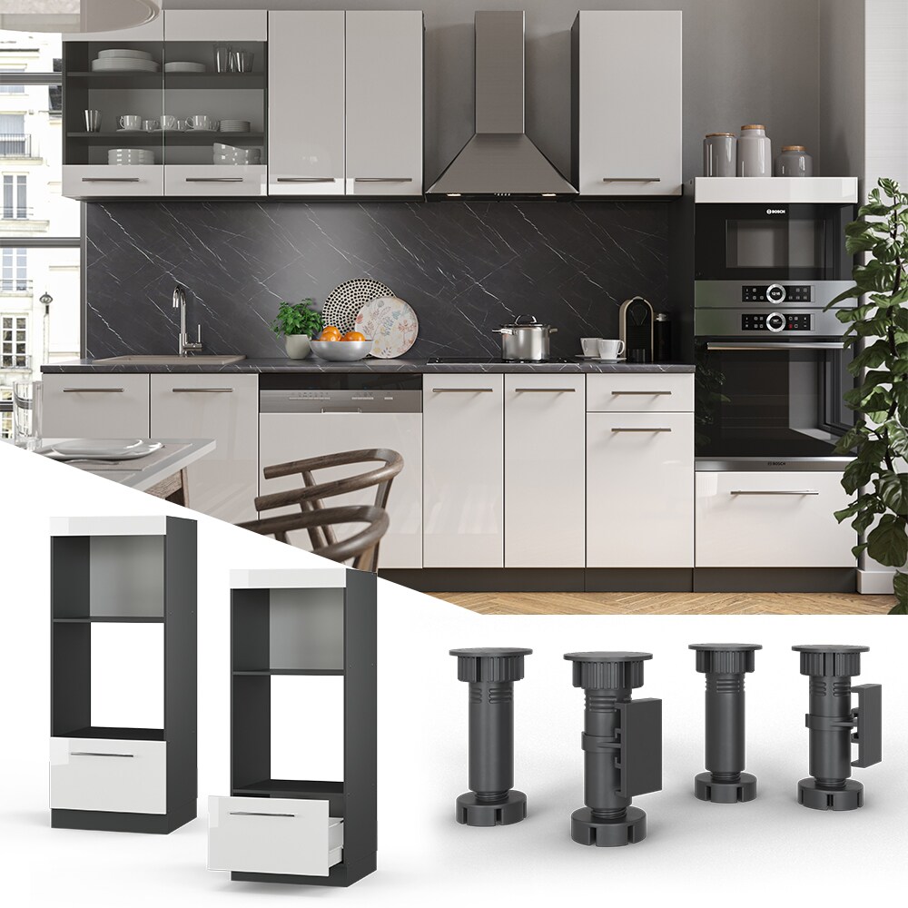 Vicco Mikrowellenumbauschrank Küchenschrank Küchenmöbel Fame-Line Anthrazit Weiß 60 cm modern Hochglanz Küche Einbauküche Blende Hochschrank Schublade Mikrowelle Backofen Küchenzeile