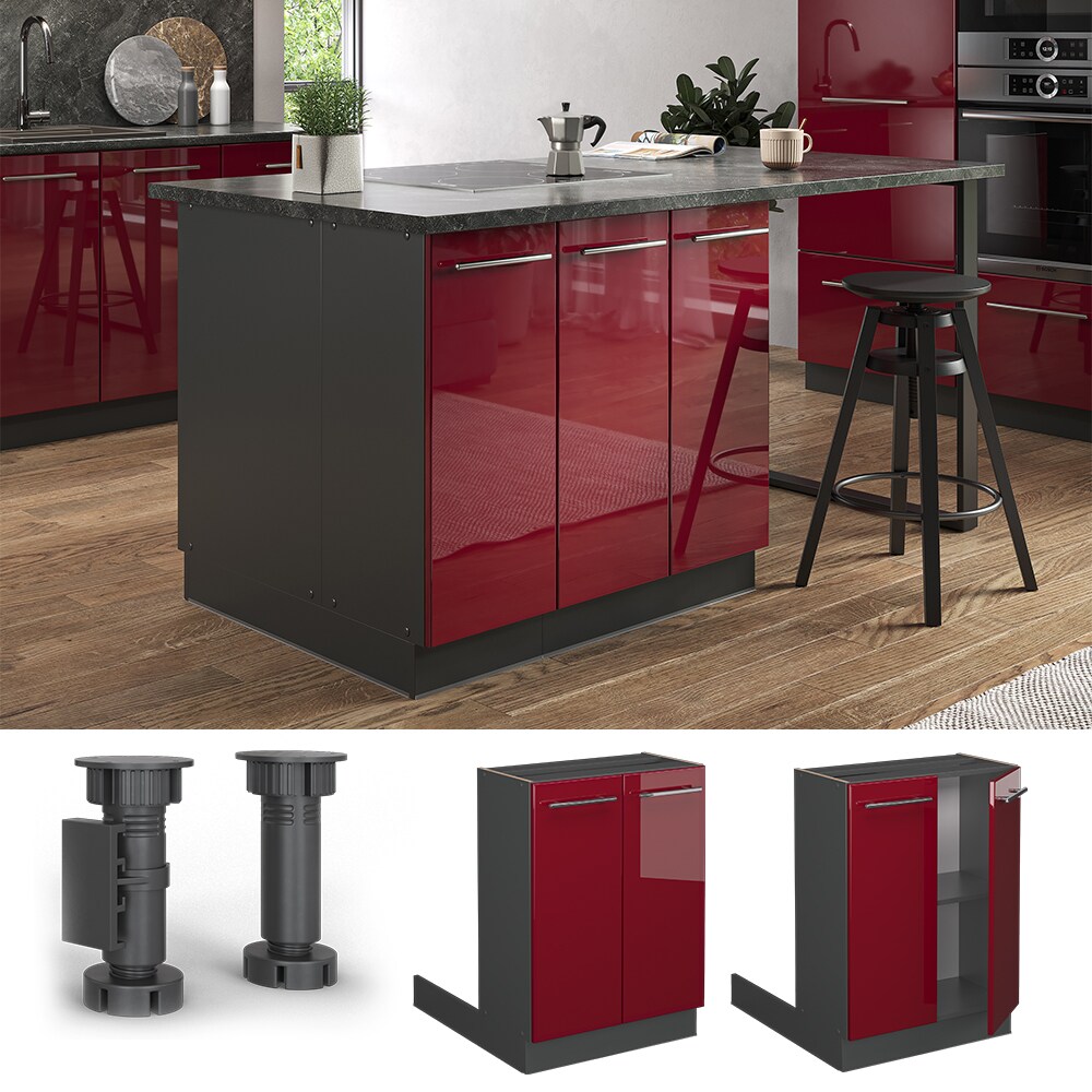 Vicco Regalinselunterschrank Küchenschrank Küchenmöbel Fame-Line Anthrazit Bordeaux Rot 60 cm modern Hochglanz Küche Einbauküche Kücheninsel Drehtür Einlegeboden Blende Küchenunterschrank Küchenzeile