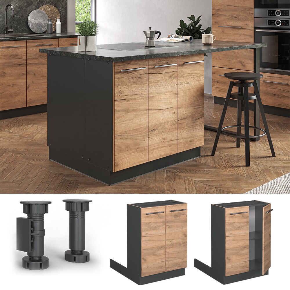 Vicco Regalinselunterschrank Küchenschrank Küchenmöbel Fame-Line Anthrazit Eiche Goldkraft 60 cm modern Küche Einbauküche Kücheninsel Drehtür Einlegeboden Blende Küchenunterschrank Küchenzeile