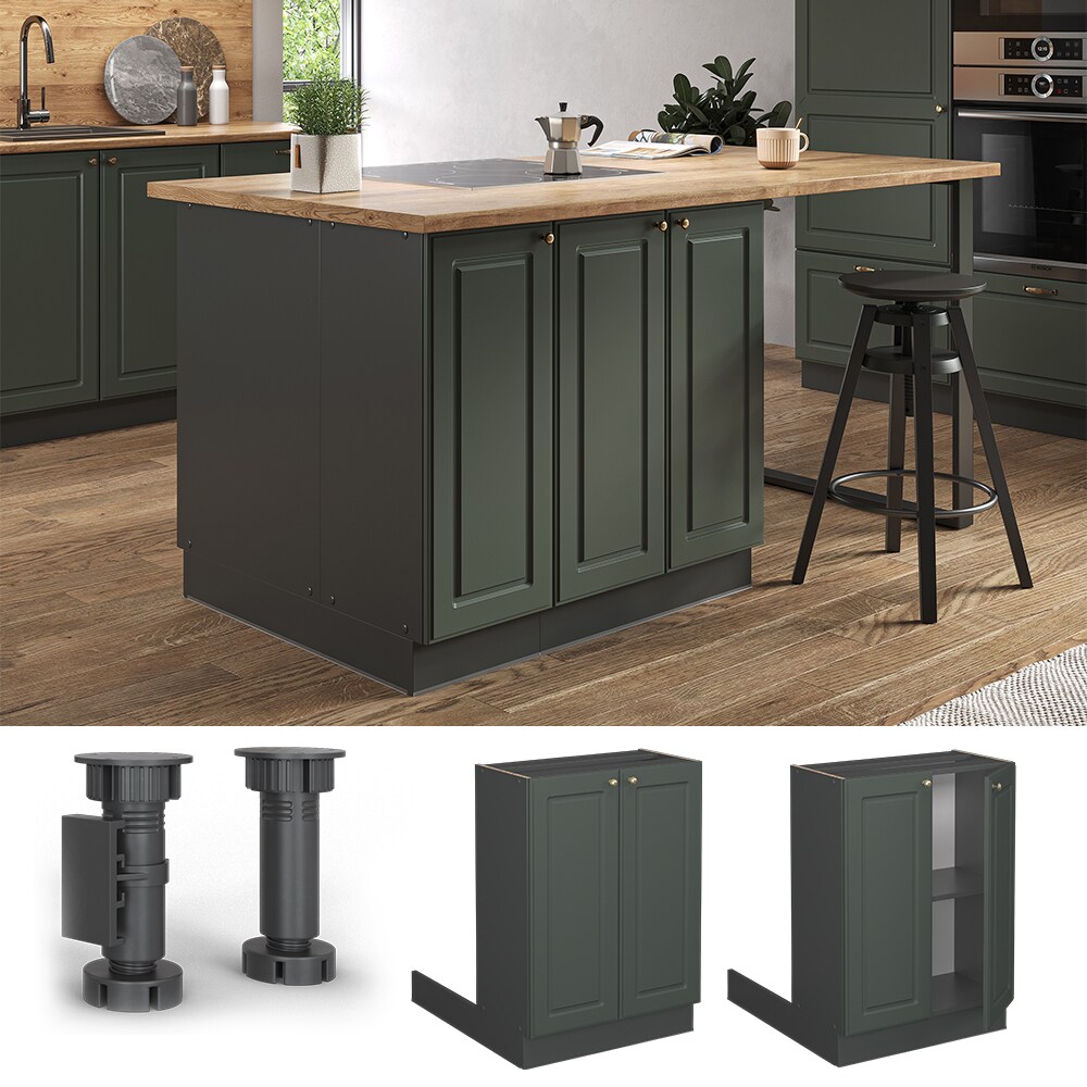 Vicco Regalinselunterschrank Küchenschrank Küchenmöbel Fame-Line Landhaus Anthrazit Grün 60 cm Gold Küche Einbauküche Kücheninsel Drehtür Einlegeboden Blende Küchenunterschrank Küchenzeile