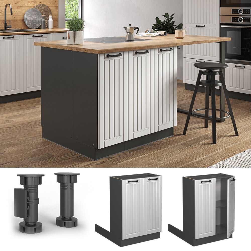 Vicco Regalinselunterschrank Küchenschrank Küchenmöbel Fame-Line Landhaus Anthrazit Weiß 60 cm Küche Einbauküche Kücheninsel Drehtür Einlegeboden Blende Küchenunterschrank Küchenzeile