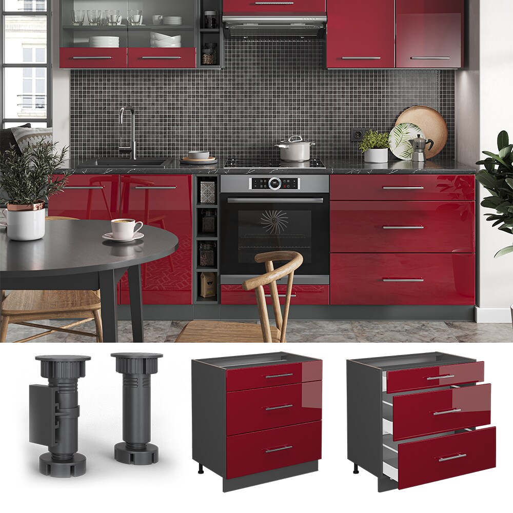 Vicco Schubladenunterschrank Küchenschrank Küchenmöbel Fame-Line Anthrazit Bordeaux Rot 80 cm modern Hochglanz Küche Einbauküche Drehtür Blende Schublade Küchenunterschrank Küchenzeile
