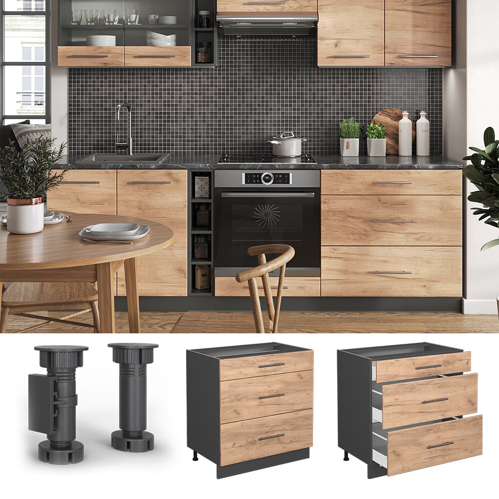 Vicco Schubladenunterschrank Küchenschrank Küchenmöbel Fame-Line Anthrazit Eiche Goldkraft 80 cm modern Küche Einbauküche Drehtür Blende Schublade Küchenunterschrank Küchenzeile