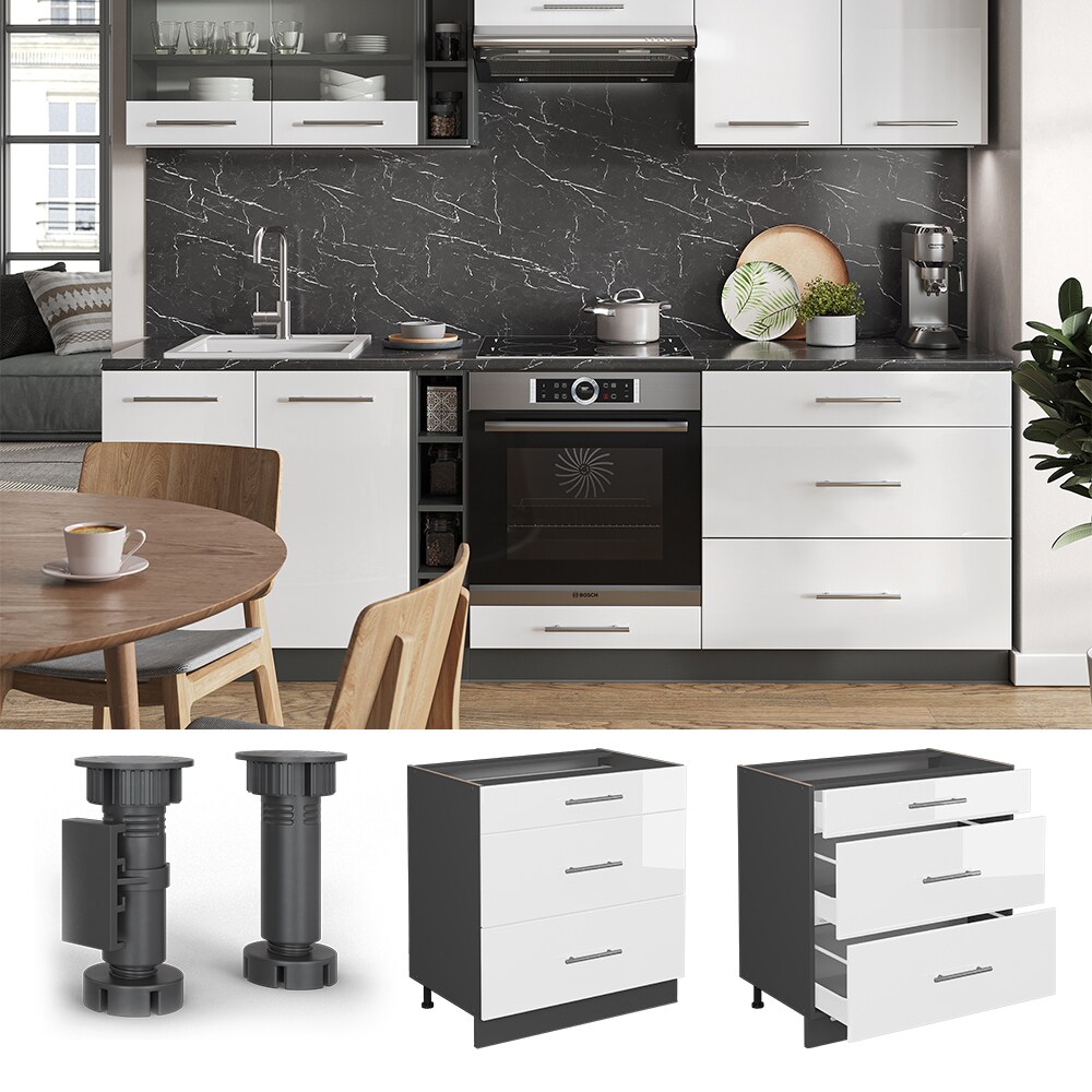 Vicco Schubladenunterschrank Küchenschrank Küchenmöbel Fame-Line Anthrazit Weiß 80 cm modern Hochglanz Küche Einbauküche Drehtür Blende Schublade Küchenunterschrank Küchenzeile
