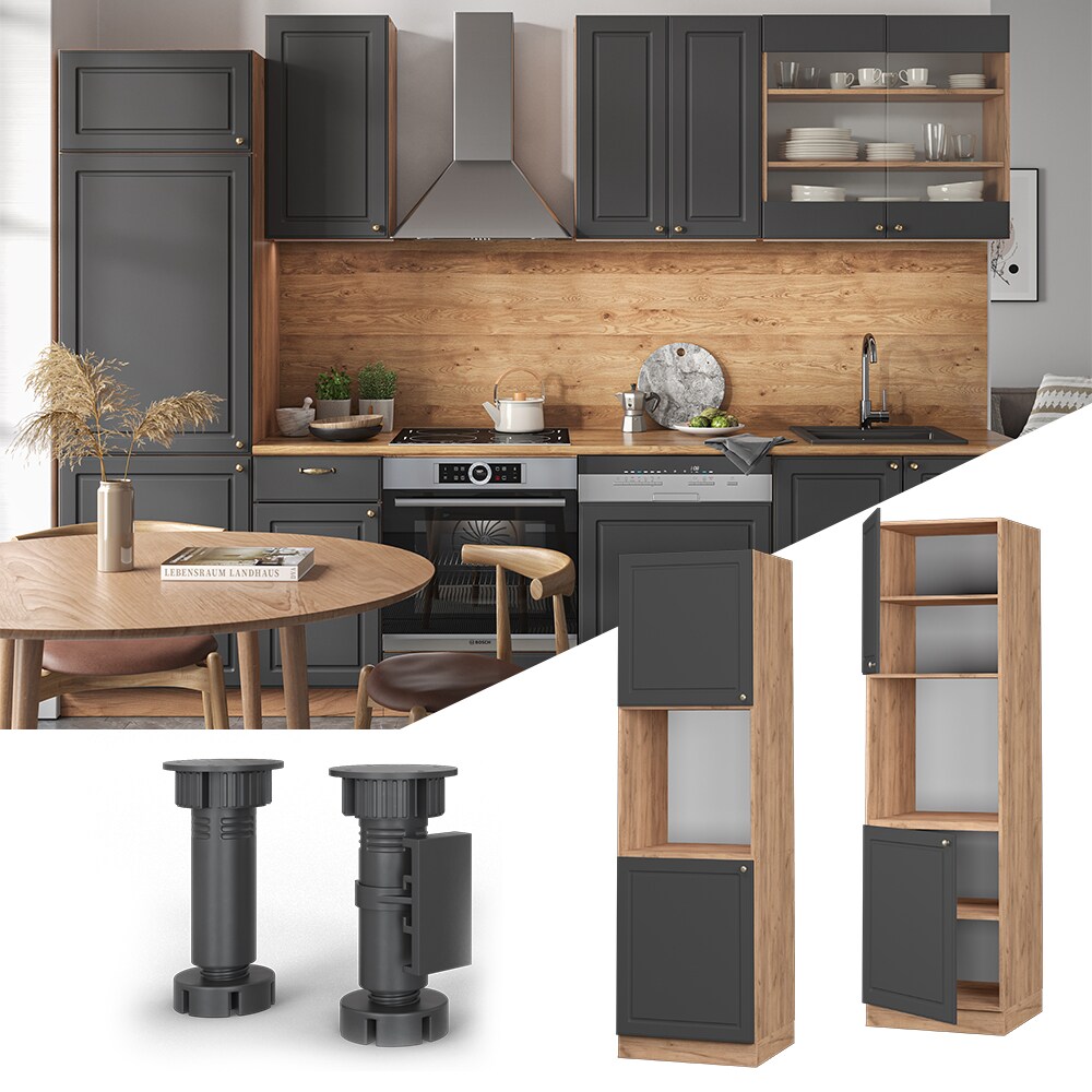 Vicco Herdumbauschrank Küchenschrank Küchenmöbel Fame-Line Landhaus Eiche Anthrazit 60 cm Gold Küche Einbauküche Blende Herdschrank Hochschrank Küchenzeile Drehtür Einlegeboden
