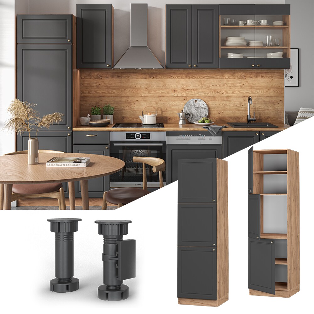 Vicco Herdumbauschrank Küchenschrank Küchenmöbel Fame-Line Landhaus Eiche Anthrazit 60 cm Gold Küche Einbauküche Blende Herdschrank Hochschrank Küchenzeile Drehtür Einlegeboden