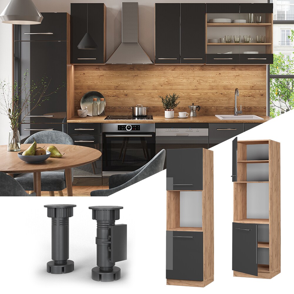 Vicco Herdumbauschrank K&uuml;chenschrank K&uuml;chenm&ouml;bel Fame-Line Eiche Anthrazit 60 cm modern Hochglanz K&uuml;che Einbauk&uuml;che Blende Herdschrank Hochschrank K&uuml;chenzeile Dreht&uuml;r Einlegeboden - Bild 1