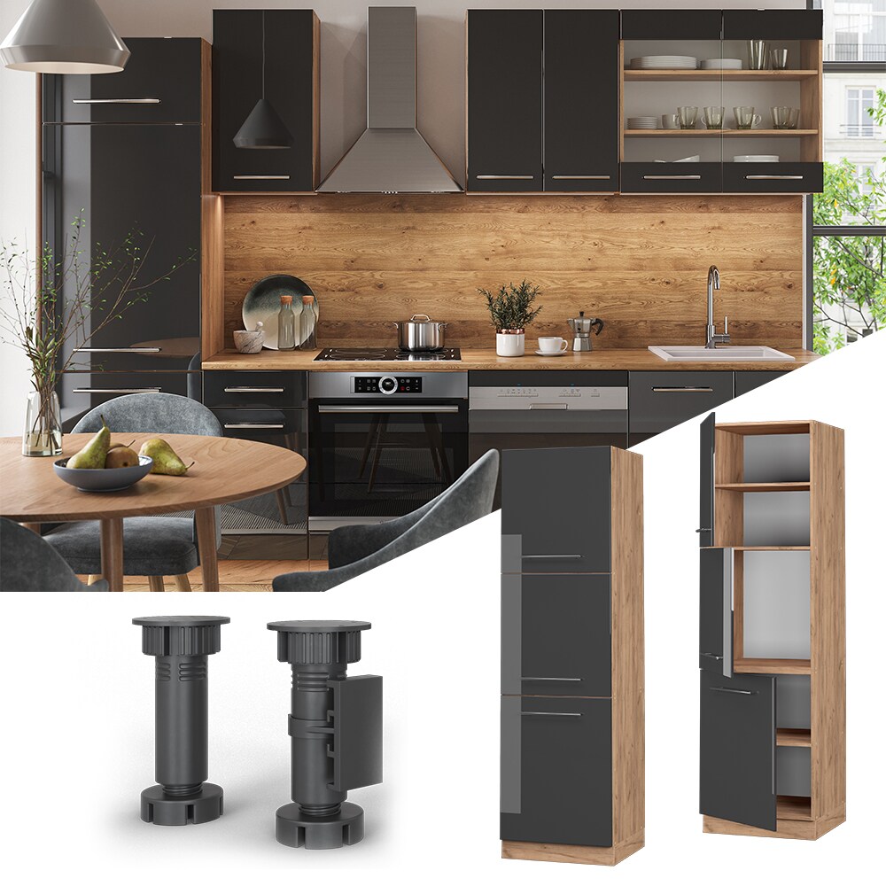Vicco Herdumbauschrank Küchenschrank Küchenmöbel Fame-Line Eiche Anthrazit 60 cm modern Hochglanz Küche Einbauküche Blende Herdschrank Hochschrank Küchenzeile Drehtür Einlegeboden