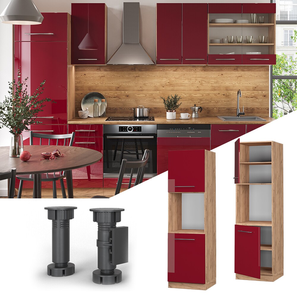 Vicco Herdumbauschrank Küchenschrank Küchenmöbel Fame-Line Eiche Bordeaux Rot 60 cm modern Hochglanz Küche Einbauküche Blende Herdschrank Hochschrank Küchenzeile Drehtür Einlegeboden
