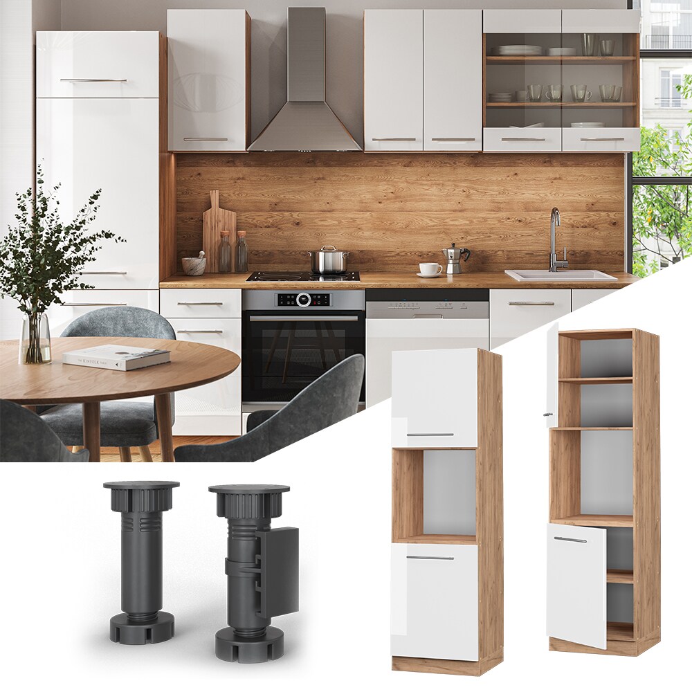 Vicco Herdumbauschrank Küchenschrank Küchenmöbel Fame-Line Eiche Weiß 60 cm modern Hochglanz Küche Einbauküche Blende Herdschrank Hochschrank Küchenzeile Drehtür Einlegeboden
