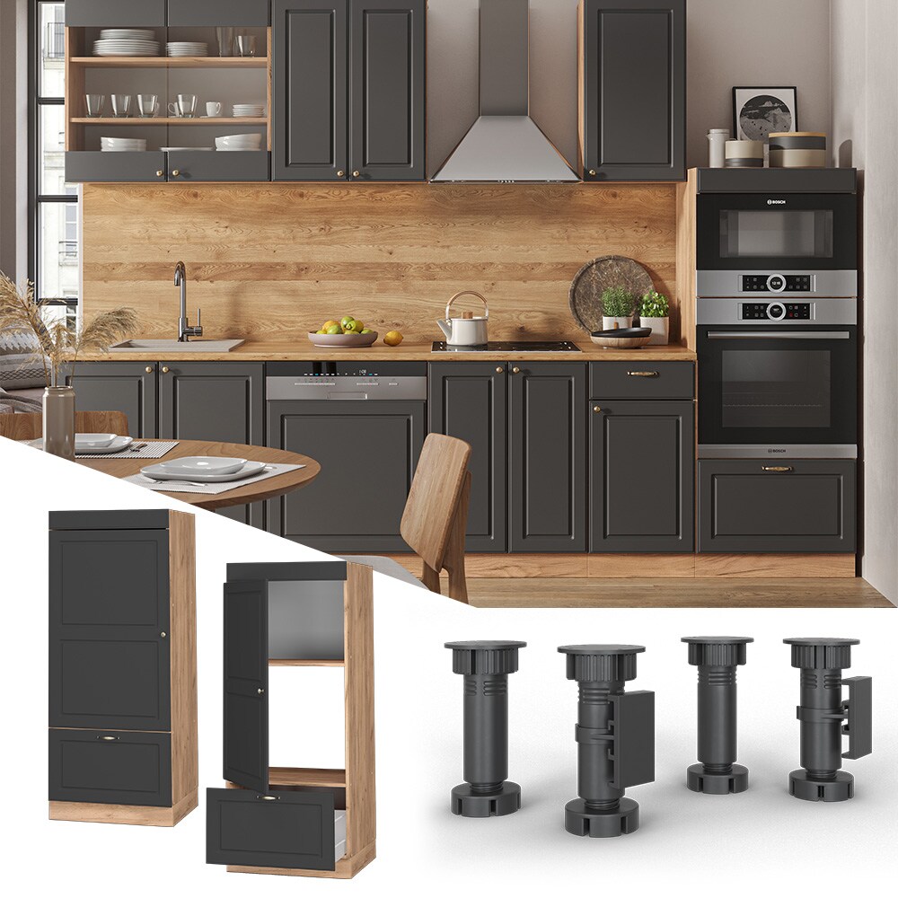 Vicco Mikrowellenumbauschrank Küchenschrank Küchenmöbel Fame-Line Landhaus Eiche Anthrazit 60 cm Gold Küche Einbauküche Blende Hochschrank Schublade Mikrowelle Backofen Küchenzeile