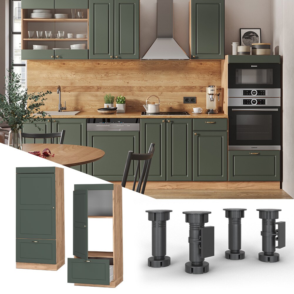 Vicco Mikrowellenumbauschrank Küchenschrank Küchenmöbel Fame-Line Landhaus Eiche Grün 60 cm Gold Küche Einbauküche Blende Hochschrank Schublade Mikrowelle Backofen Küchenzeile