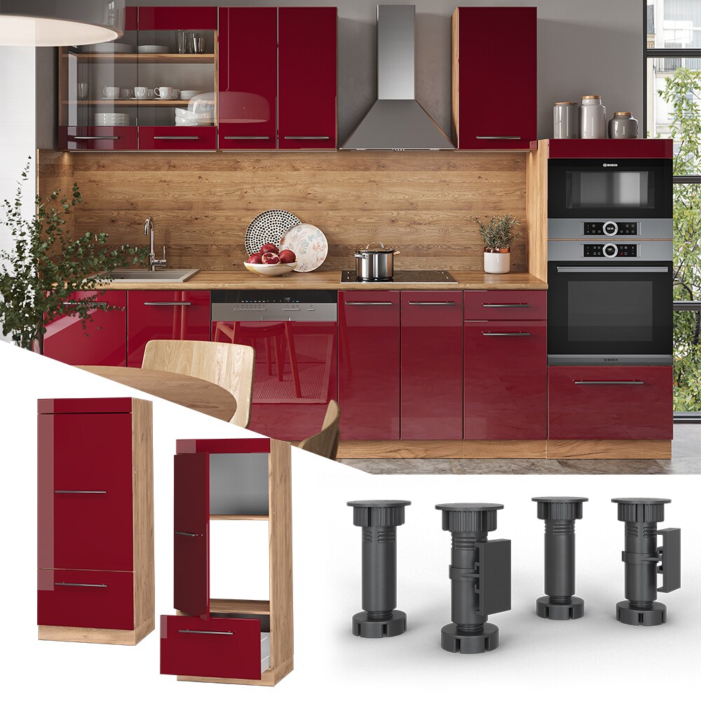 Vicco Mikrowellenumbauschrank Küchenschrank Küchenmöbel Fame-Line Eiche Bordeaux Rot 60 cm modern Hochglanz Küche Einbauküche Blende Hochschrank Schublade Mikrowelle Backofen Küchenzeile