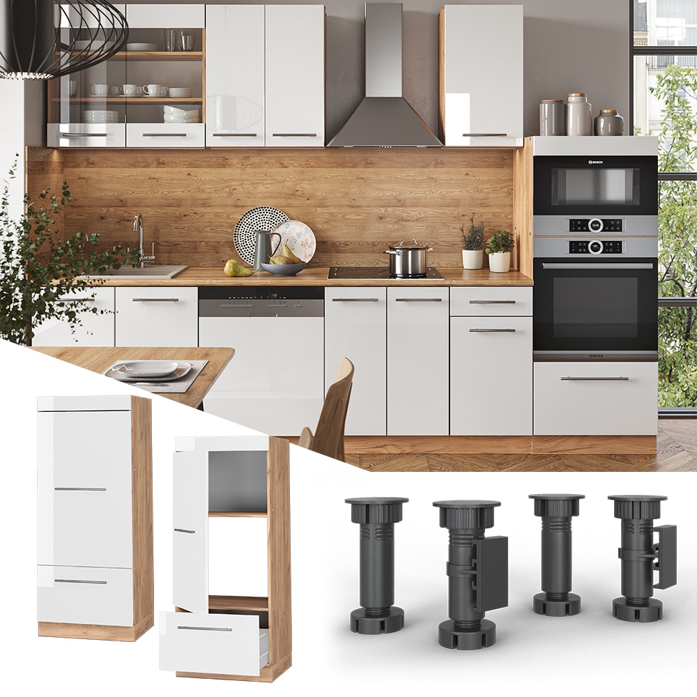 Vicco Mikrowellenumbauschrank Küchenschrank Küchenmöbel Fame-Line Eiche Weiß 60 cm modern Hochglanz Küche Einbauküche Blende Hochschrank Schublade Mikrowelle Backofen Küchenzeile