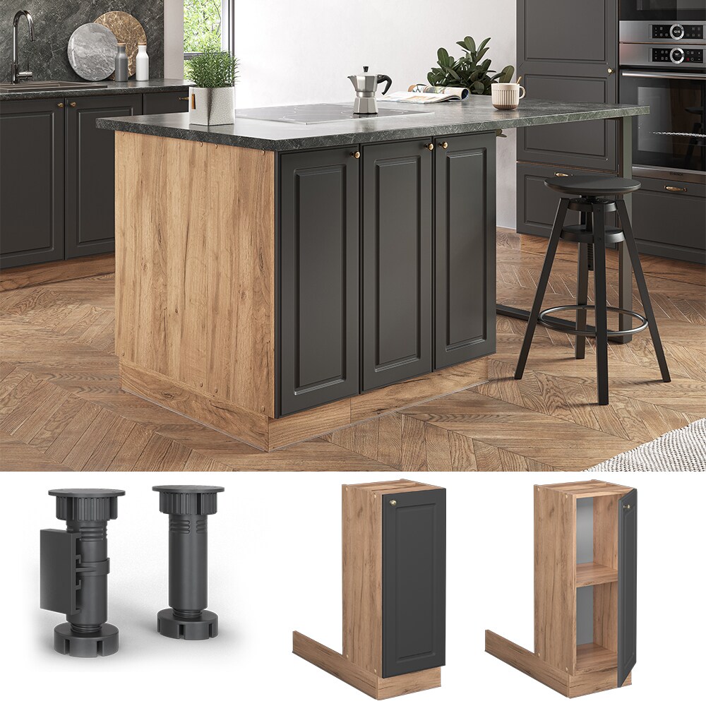 Vicco Regalinselunterschrank Küchenschrank Küchenmöbel Fame-Line Landhaus Eiche Anthrazit 30 cm Gold Küche Einbauküche Kücheninsel Drehtür Einlegeboden Blende Küchenunterschrank Küchenzeile