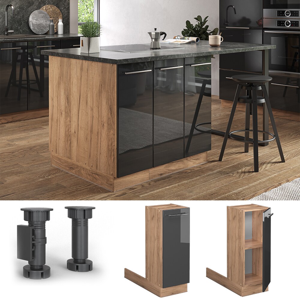 Vicco Regalinselunterschrank Küchenschrank Küchenmöbel Fame-Line Eiche Anthrazit 30 cm modern Hochglanz Küche Einbauküche Kücheninsel Drehtür Einlegeboden Blende Küchenunterschrank Küchenzeile