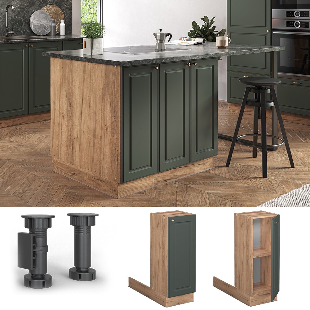 Vicco Regalinselunterschrank Küchenschrank Küchenmöbel Fame-Line Landhaus Eiche Grün 30 cm Gold Küche Einbauküche Kücheninsel Drehtür Einlegeboden Blende Küchenunterschrank Küchenzeile