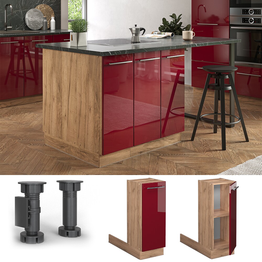 Vicco Regalinselunterschrank Küchenschrank Küchenmöbel Fame-Line Eiche Bordeaux Rot 30 cm modern Hochglanz Küche Einbauküche Kücheninsel Drehtür Einlegeboden Blende Küchenunterschrank Küchenzeile