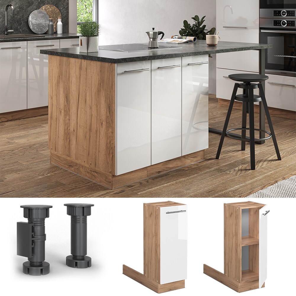 Vicco Regalinselunterschrank Küchenschrank Küchenmöbel Fame-Line Eiche Weiß 30 cm modern Hochglanz Küche Einbauküche Kücheninsel Drehtür Einlegeboden Blende Küchenunterschrank Küchenzeile