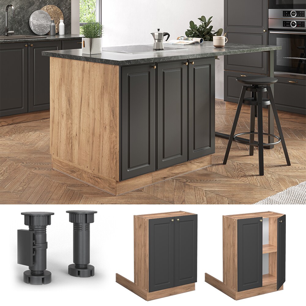 Vicco Regalinselunterschrank Küchenschrank Küchenmöbel Fame-Line Landhaus Eiche Anthrazit 60 cm Gold Küche Einbauküche Kücheninsel Drehtür Einlegeboden Blende Küchenunterschrank Küchenzeile