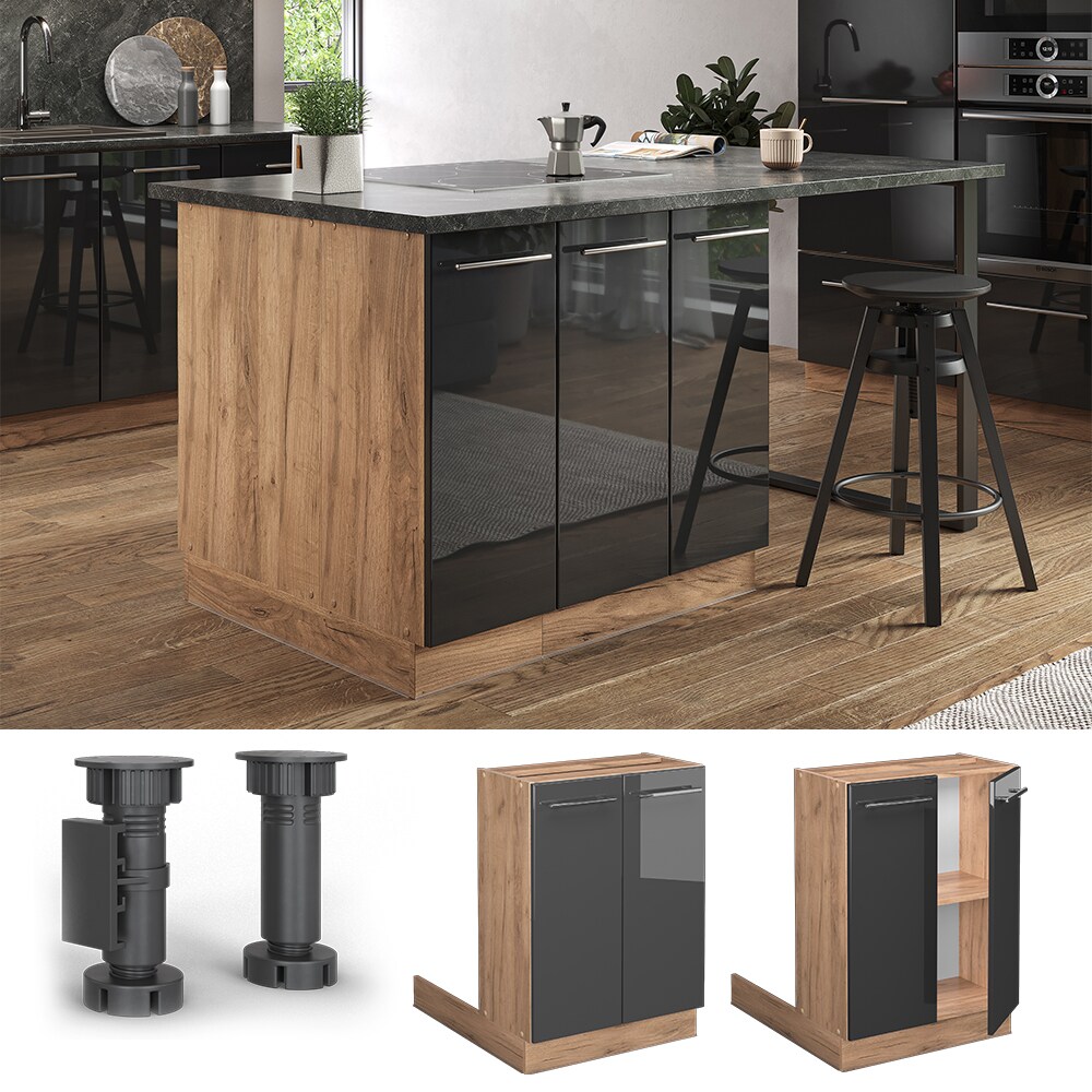 Vicco Regalinselunterschrank Küchenschrank Küchenmöbel Fame-Line Eiche Anthrazit 60 cm modern Hochglanz Küche Einbauküche Kücheninsel Drehtür Einlegeboden Blende Küchenunterschrank Küchenzeile