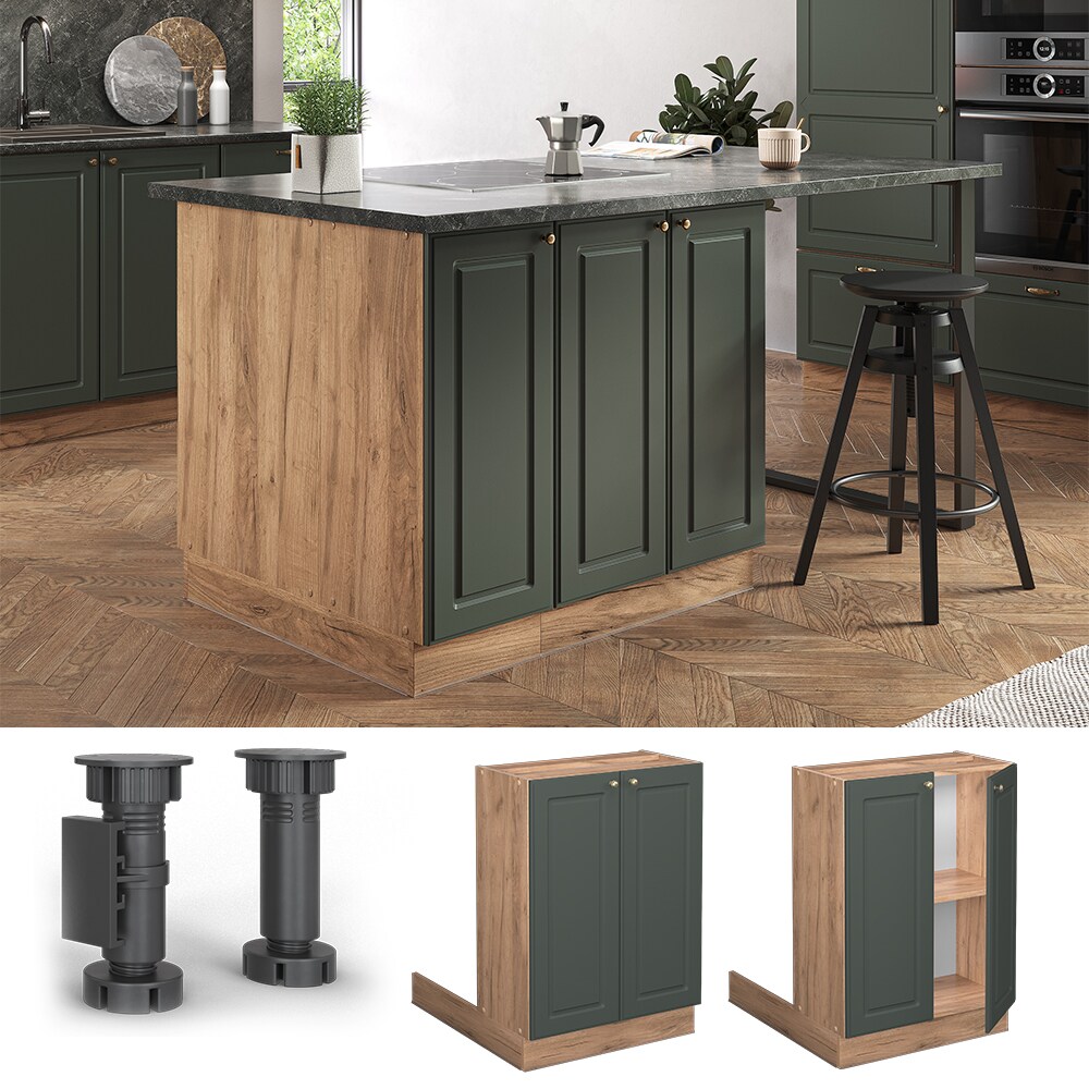 Vicco Regalinselunterschrank Küchenschrank Küchenmöbel Fame-Line Landhaus Eiche Grün 60 cm Gold Küche Einbauküche Kücheninsel Drehtür Einlegeboden Blende Küchenunterschrank Küchenzeile