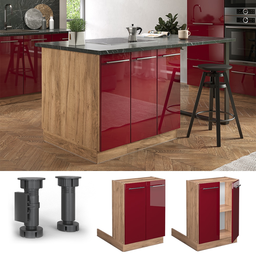 Vicco Regalinselunterschrank K&uuml;chenschrank K&uuml;chenm&ouml;bel Fame-Line Eiche Bordeaux Rot 60 cm modern Hochglanz K&uuml;che Einbauk&uuml;che K&uuml;cheninsel Dreht&uuml;r Einlegeboden Blende K&uuml;chenunterschrank K&uuml;chenzeile - Bild 1