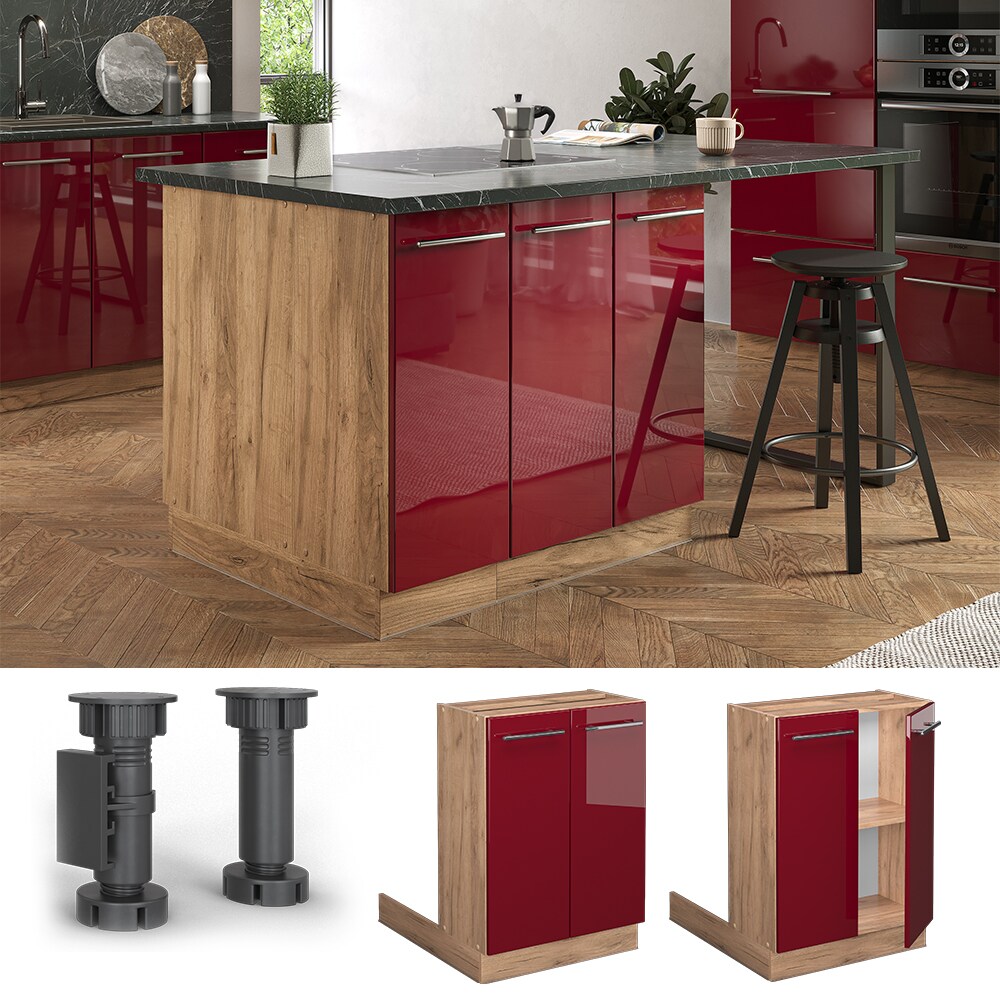 Vicco Regalinselunterschrank Küchenschrank Küchenmöbel Fame-Line Eiche Bordeaux Rot 60 cm modern Hochglanz Küche Einbauküche Kücheninsel Drehtür Einlegeboden Blende Küchenunterschrank Küchenzeile