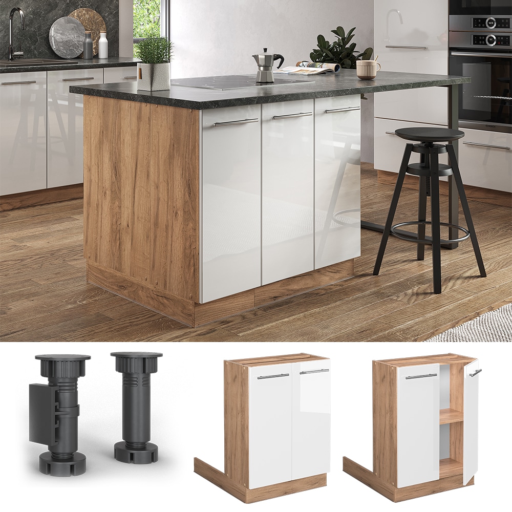 Vicco Regalinselunterschrank K&uuml;chenschrank K&uuml;chenm&ouml;bel Fame-Line Eiche Wei&szlig; 60 cm modern Hochglanz K&uuml;che Einbauk&uuml;che K&uuml;cheninsel Dreht&uuml;r Einlegeboden Blende K&uuml;chenunterschrank K&uuml;chenzeile - Bild 1