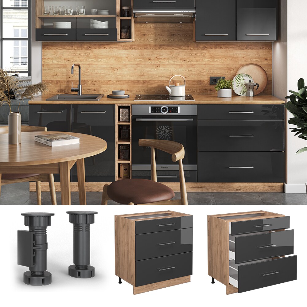 Vicco Schubladenunterschrank Küchenschrank Küchenmöbel Fame-Line Eiche Anthrazit 80 cm modern Hochglanz Küche Einbauküche Drehtür Blende Schublade Küchenunterschrank Küchenzeile