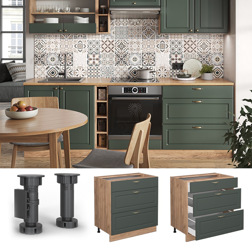 Vicco Schubladenunterschrank Küchenschrank Küchenmöbel Fame-Line Landhaus Eiche Grün 80 cm Gold Küche Einbauküche Drehtür Blende Schublade Küchenunterschrank Küchenzeile