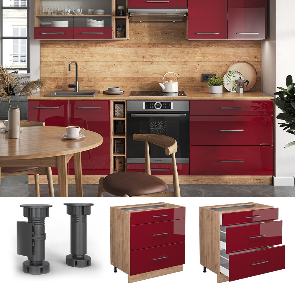 Vicco Schubladenunterschrank Küchenschrank Küchenmöbel Fame-Line Eiche Bordeaux Rot 80 cm modern Hochglanz Küche Einbauküche Drehtür Blende Schublade Küchenunterschrank Küchenzeile
