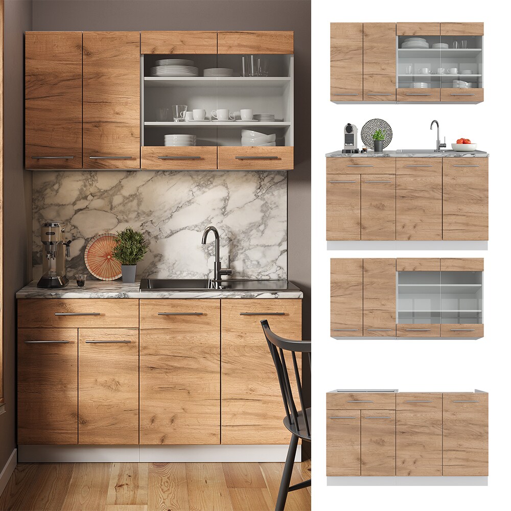 Vicco Küchenzeile Küchenblock Einbauküche Fame-Line Single Weiß Eiche 140 cm modern Küchen Schränke Spülenunterschrank Schubunterschrank Hängeschrank Hängeglasschrank