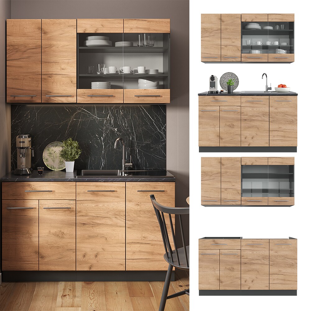 Vicco Küchenzeile Küchenblock Einbauküche Fame-Line Single Anthrazit Eiche 140 cm modern Küchen Schränke Spülenunterschrank Schubunterschrank Hängeschrank Hängeglasschrank